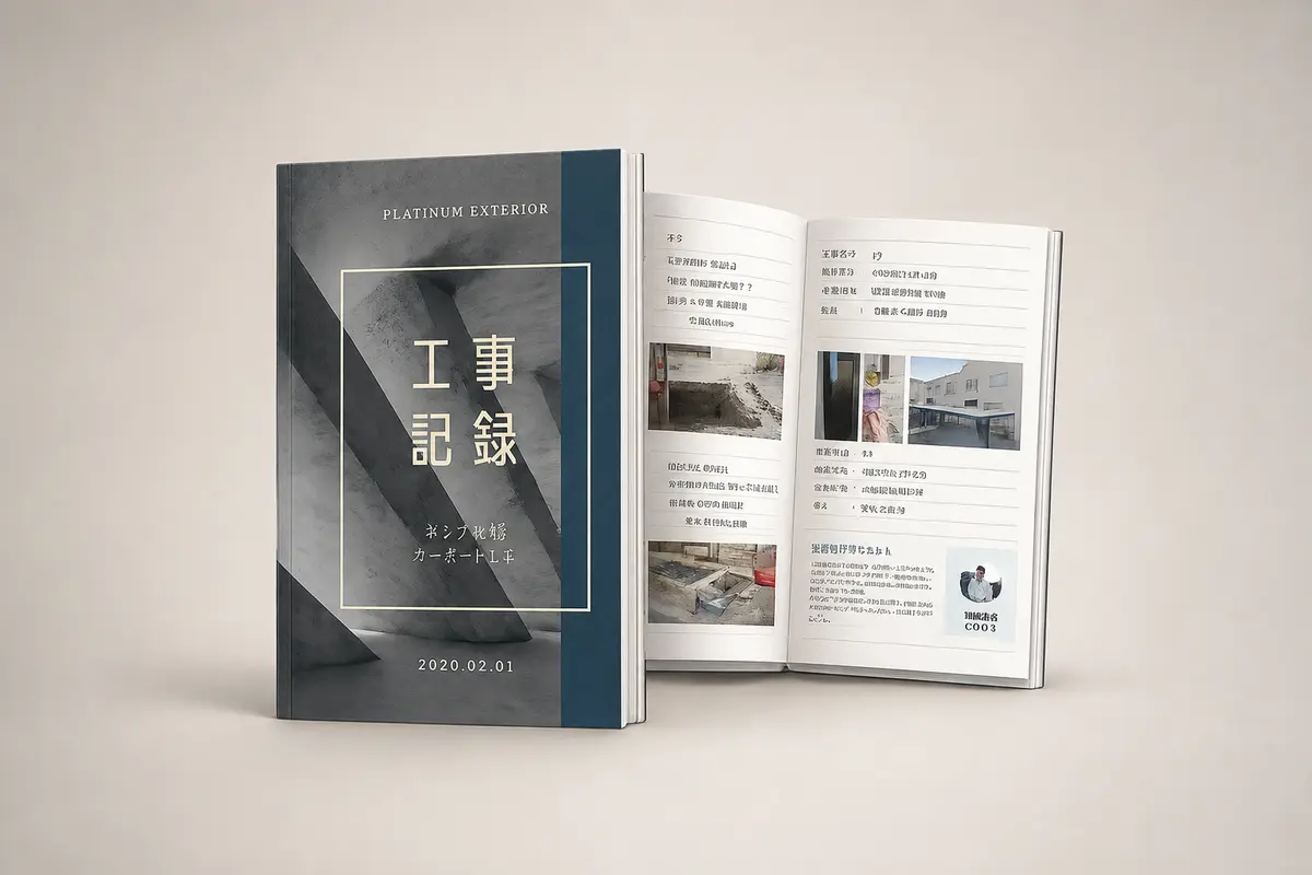 工事記録の表紙と施工写真を掲載したサンプル冊子