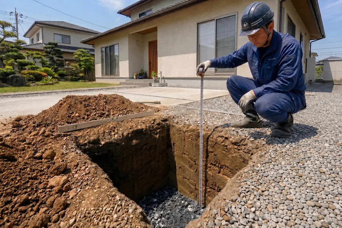 基礎穴の深さをメジャーで確認する施工イメージ