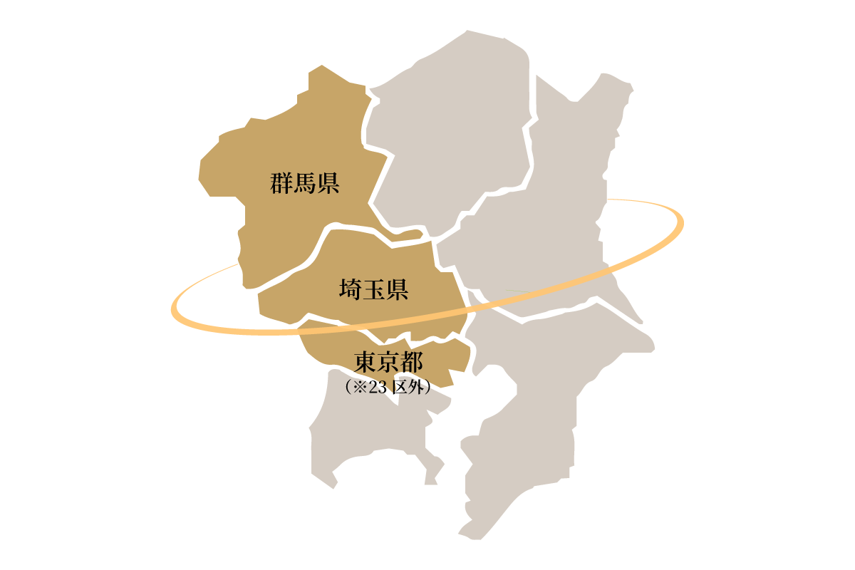 群馬県全域、埼玉県全域、東京都23区外の工事対応地域図